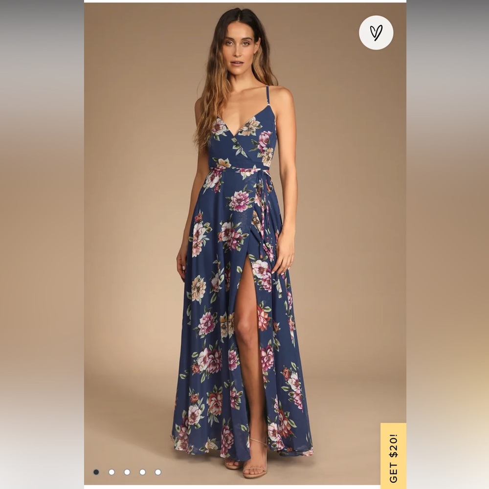 LULUS Always There For Me Navy Blue Floral Print Wrap Maxi Dress